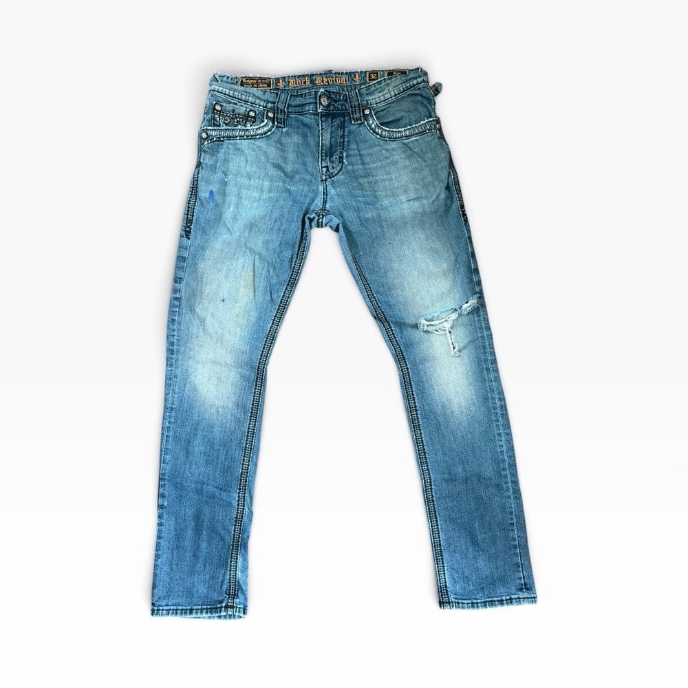 Rock Revival Blue Light Wash Men's Jeans Slim Fit Straight Distressed Studded